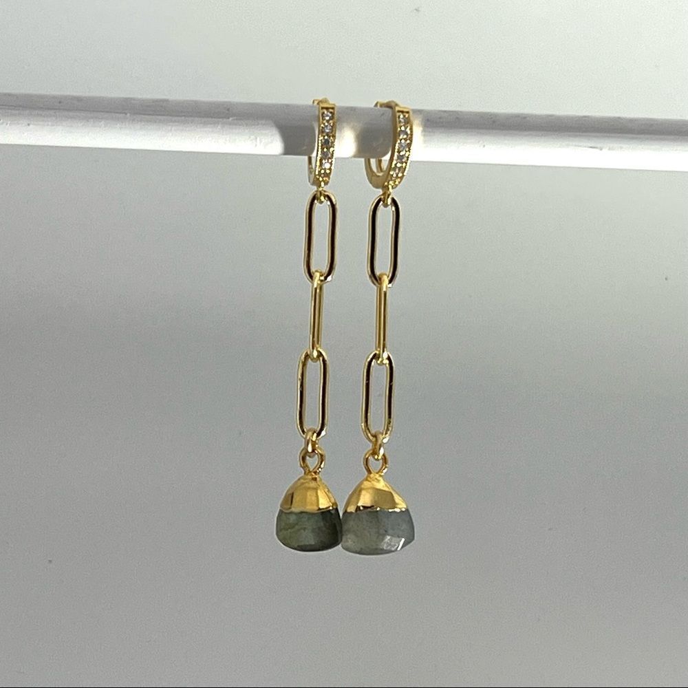 Labradorite genuine gemstones on paper lip chain and hoop earrings